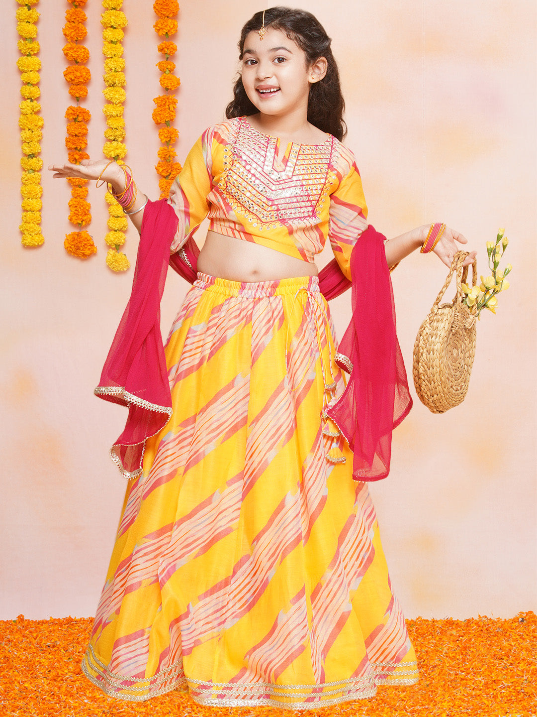 Bitiya by Bhama Girls Yellow & Pink Embroidered Choli Yellow Lehariya Printed Lehenga with Dupatta