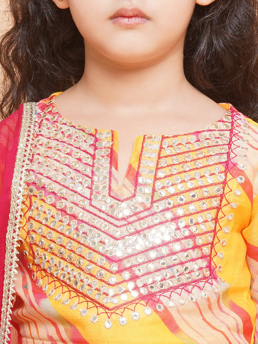 Bitiya by Bhama Girls Yellow & Pink Embroidered Choli Yellow Lehariya Printed Lehenga with Dupatta