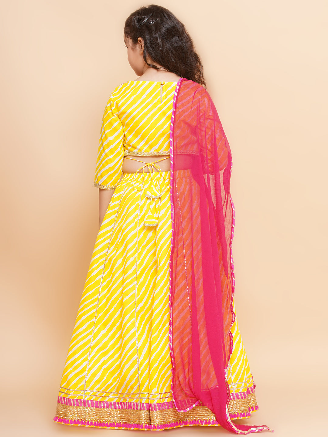 Bitiya by Bhama Girls Yellow Leheriya Printed Lehenga & Pink Embroidered Choli with Dupatta