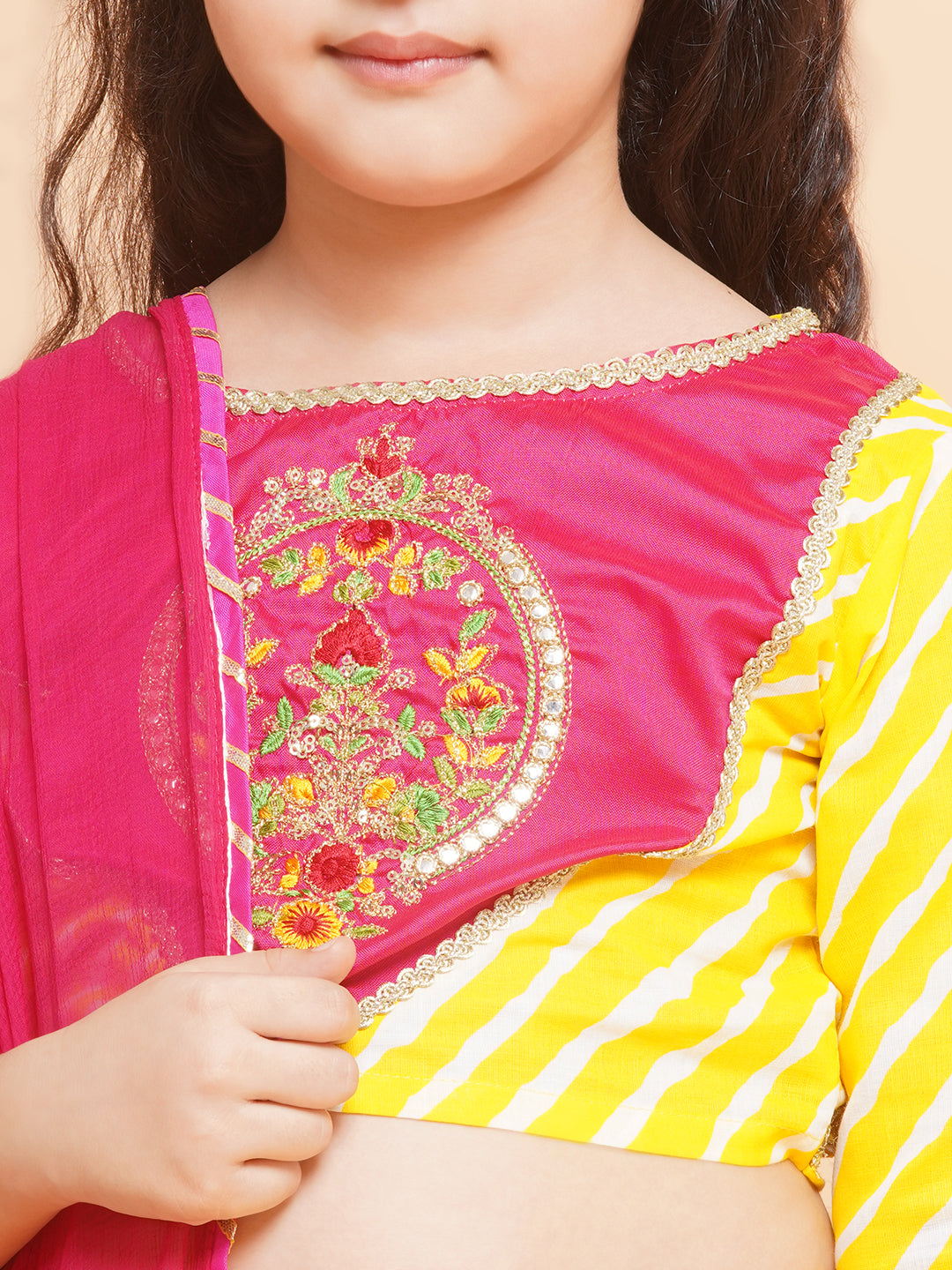 Bitiya by Bhama Girls Yellow Leheriya Printed Lehenga & Pink Embroidered Choli with Dupatta