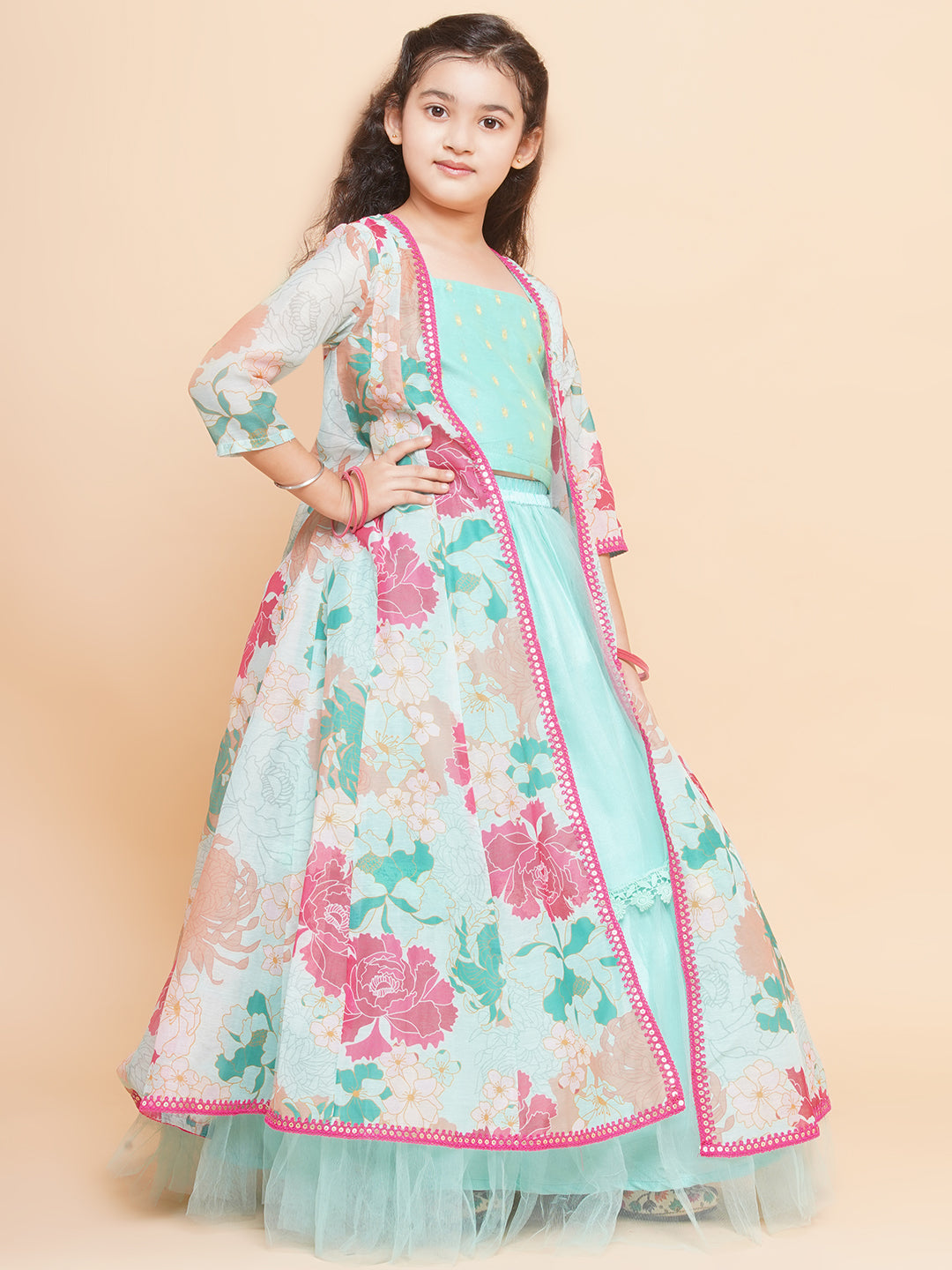 Bitiya by Bhama Girls Sea Green Multi Floral Printed Ready to Wear Lehenga & Blouse With Shrug