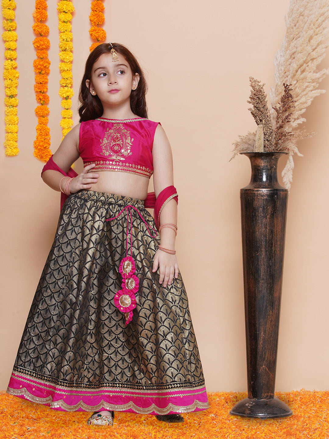 Bitiya by Bhama Girls Pink Embroidered Choli & Black foil printed Ready to Wear Lehenga With Dupatta