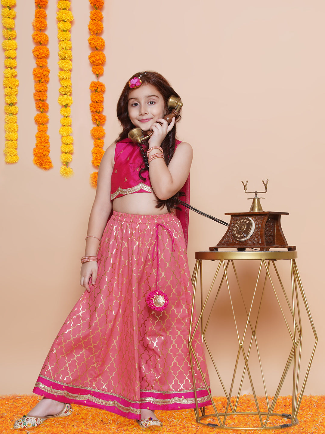 Bitiya by Bhama Girls Pink Embroidered Choli Peach Jaal foil printed Lehenga With Dupatta