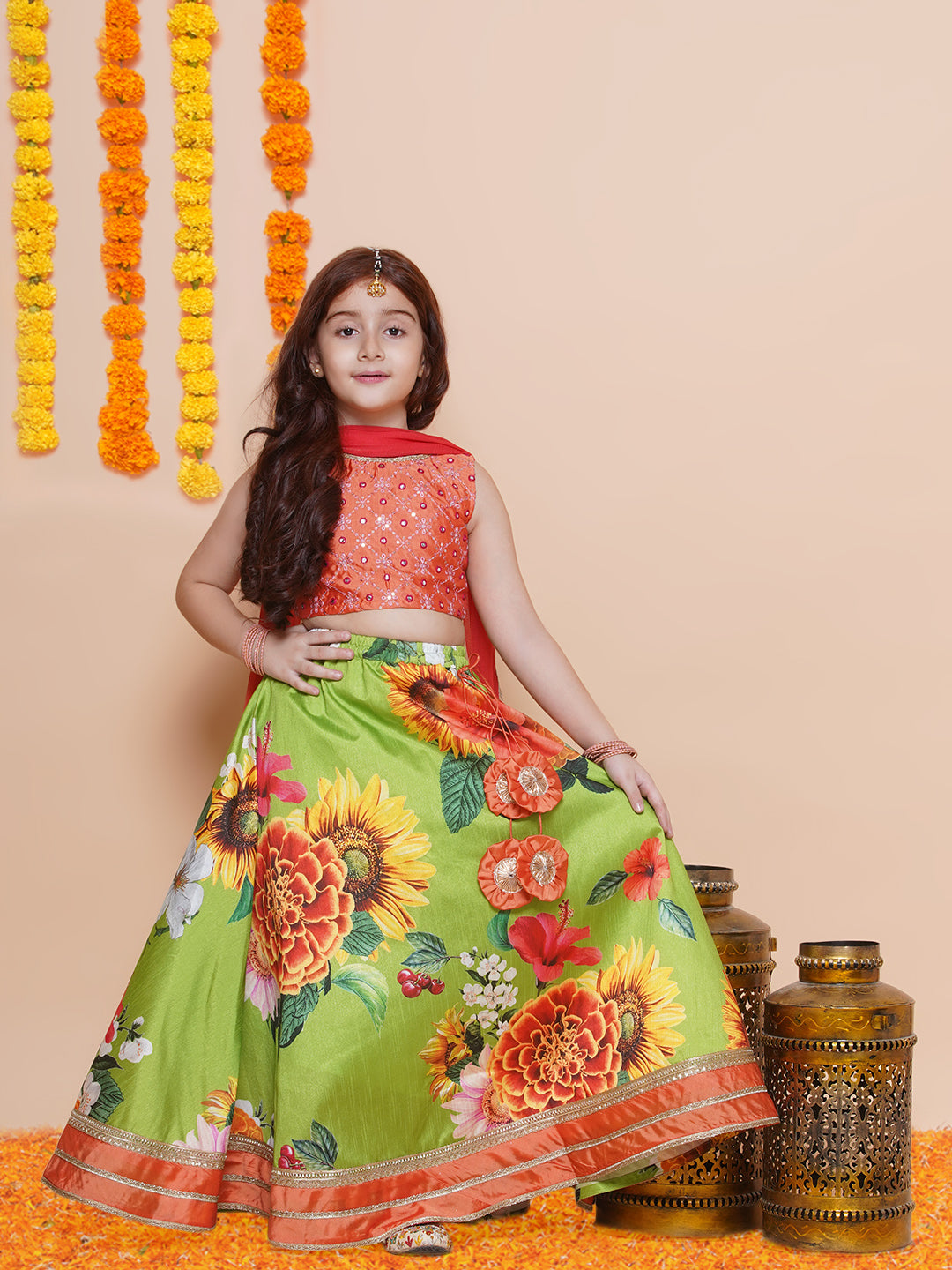 Bitiya by Bhama Girls Orange Embroidered Choli Green Flower printed Lehenga With Dupatta