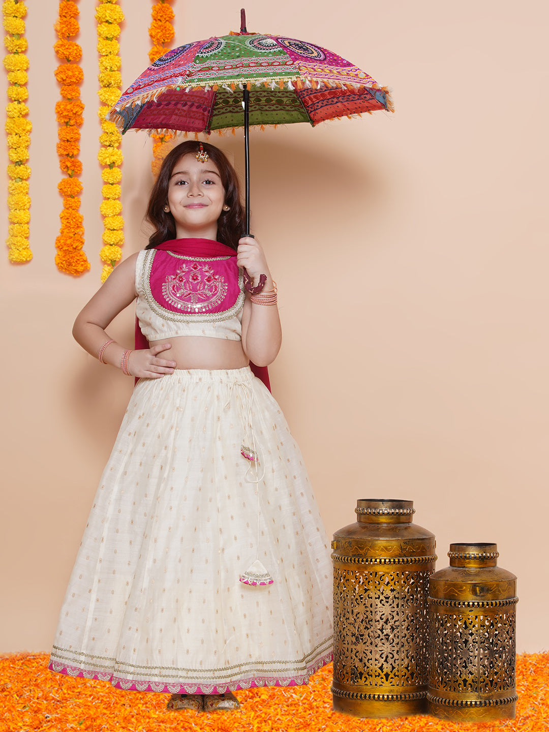 Bitiya by Bhama Girls Off white Jacquard booti lehenga & Pink Embroidered Choli Lehenga With Dupatta