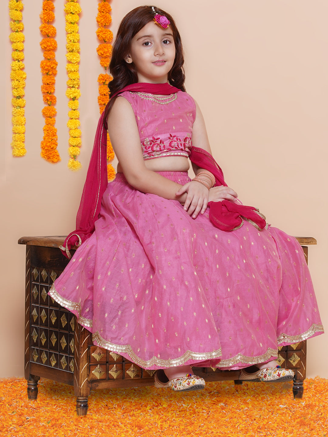 Bitiya by Bhama Girls Pink embroidered Choli & Pink Jaquard booti Design Lehenga With Dupatta