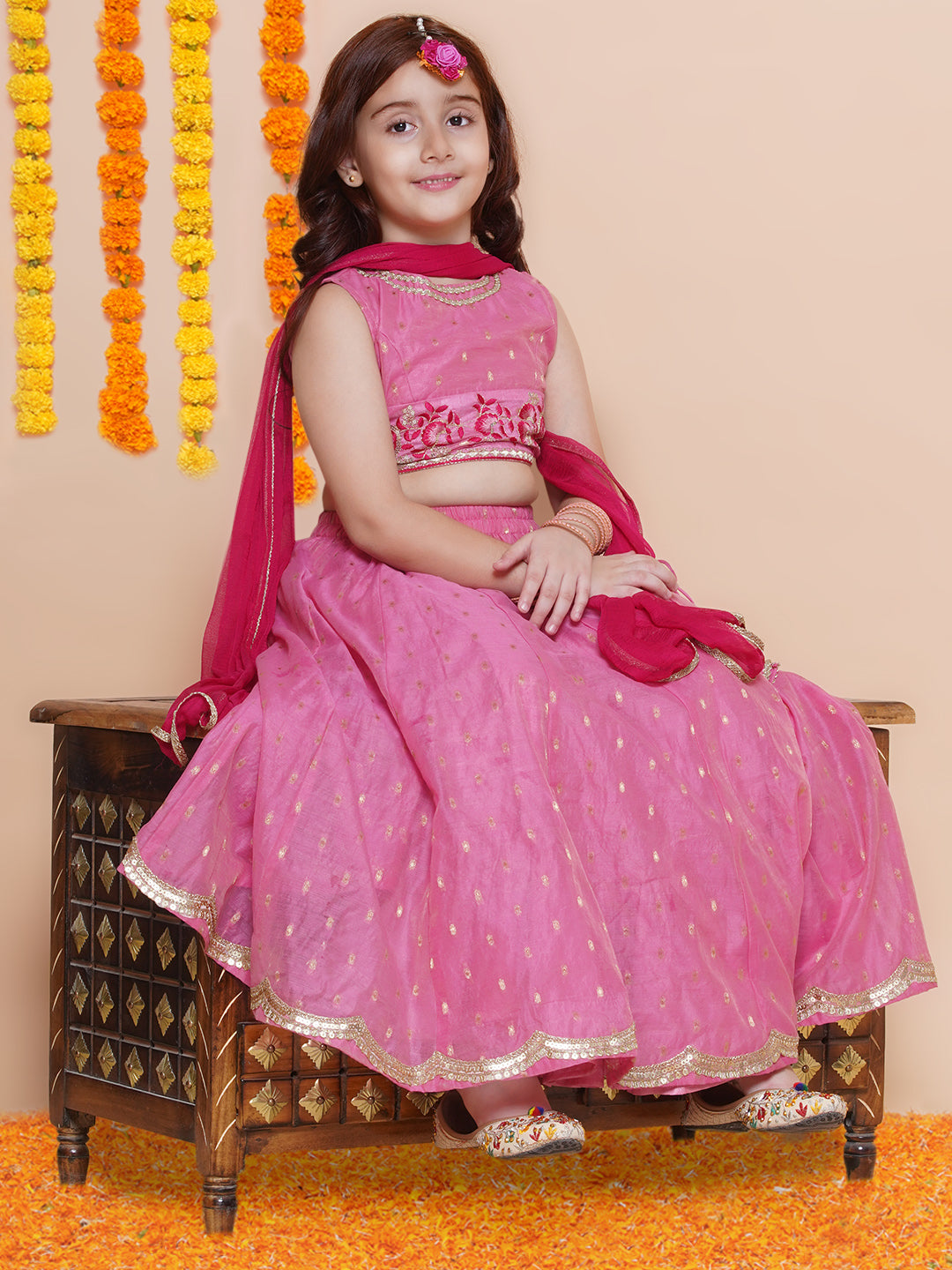 Bitiya by Bhama Girls Pink embroidered Choli & Pink Jaquard booti Design Lehenga With Dupatta