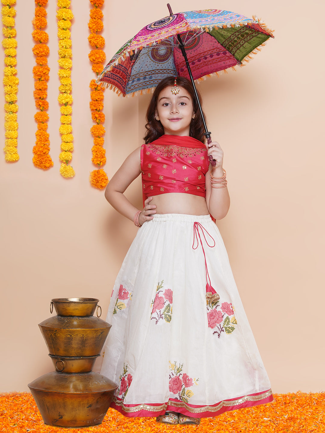 Bitiya by Bhama Girls Peach embroidered choli & floral embroidered Design Lehenga With Dupatta