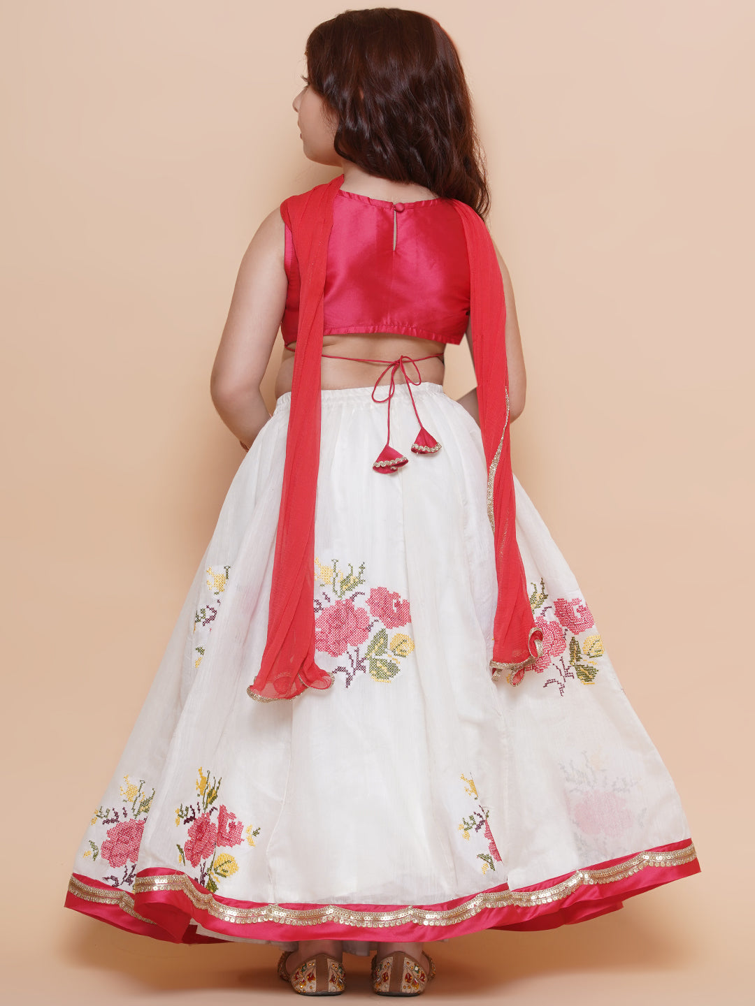 Bitiya by Bhama Girls Peach embroidered choli & floral embroidered Design Lehenga With Dupatta