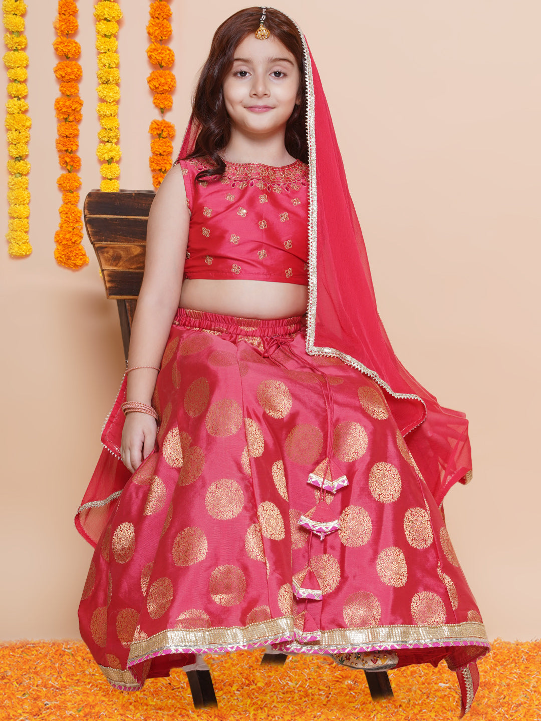 Bitiya by Bhama Girls Peach embroidered & Banarasi Woven Design Lehenga & Choli With Dupatta