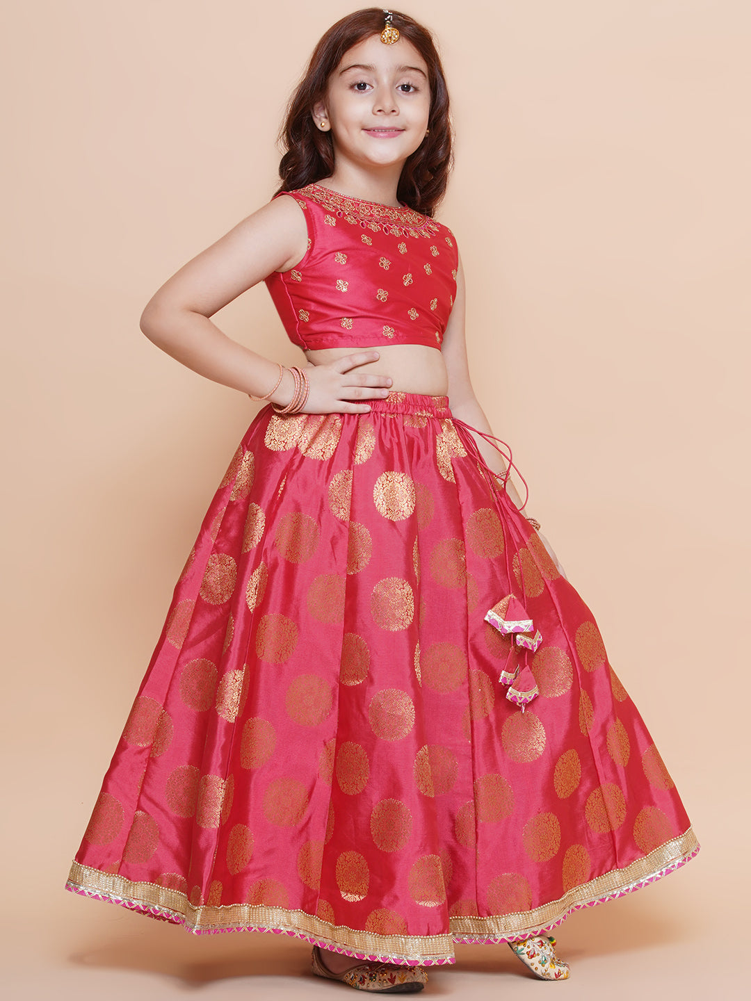 Bitiya by Bhama Girls Peach embroidered & Banarasi Woven Design Lehenga & Choli With Dupatta