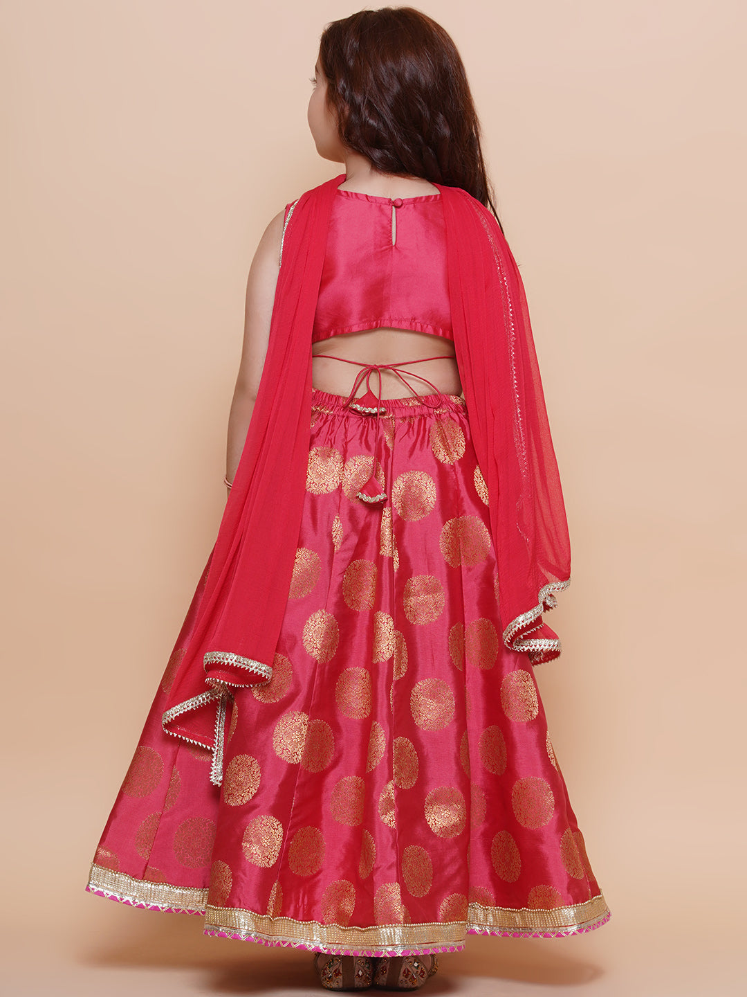 Bitiya by Bhama Girls Peach embroidered & Banarasi Woven Design Lehenga & Choli With Dupatta