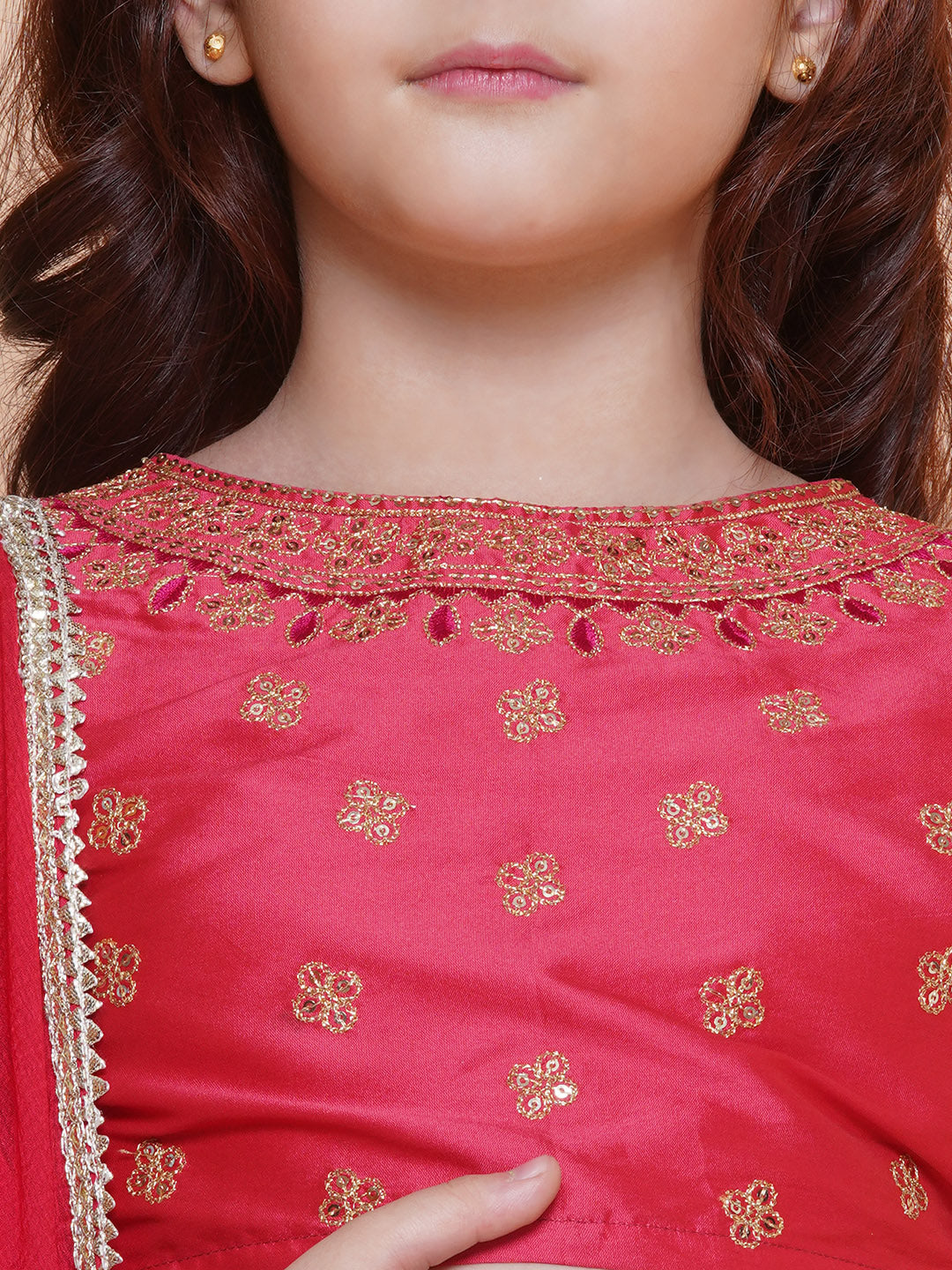 Bitiya by Bhama Girls Peach embroidered & Banarasi Woven Design Lehenga & Choli With Dupatta