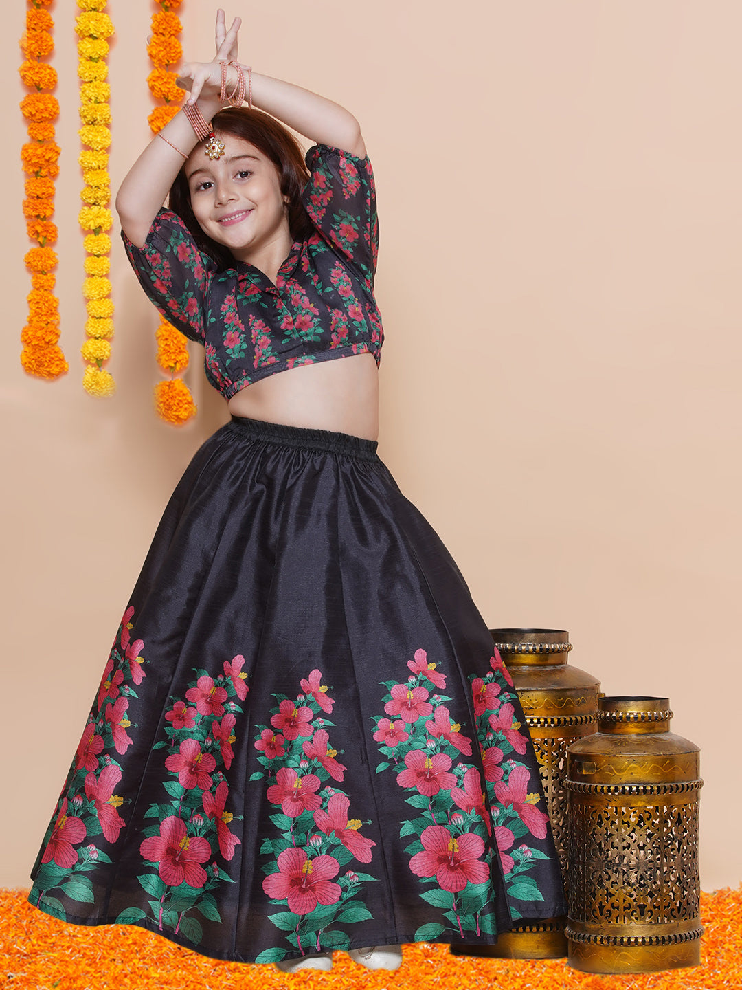 Bitiya by Bhama 
Girls Black Floral Printed Ready to Wear Lehenga & Blouse