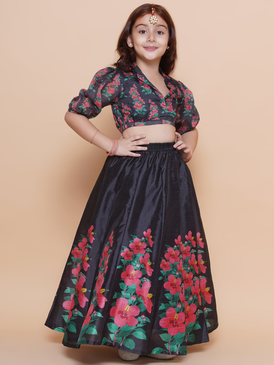 Bitiya by Bhama 
Girls Black Floral Printed Ready to Wear Lehenga & Blouse