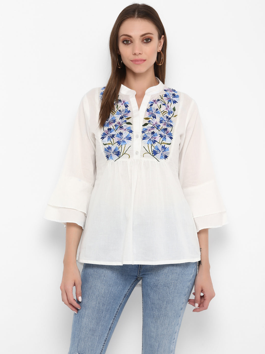 Bhama Couture White Floral Embroidered Pure Cotton Top