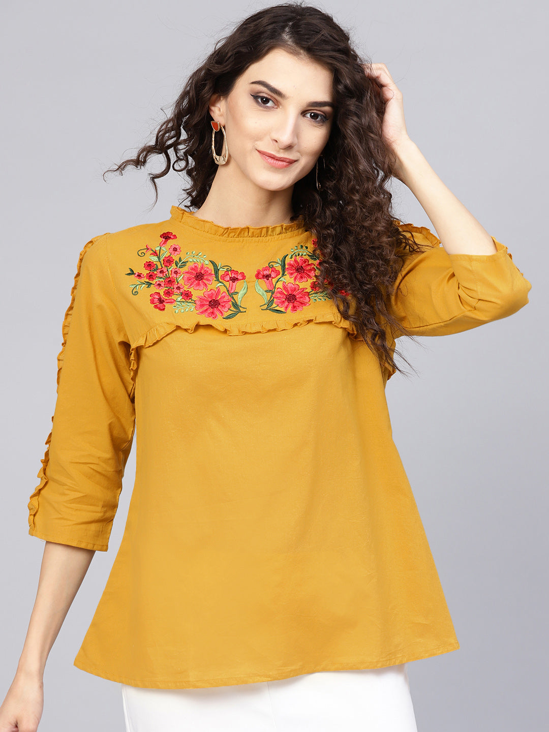 Bhama Couture Mustard Yellow A-Line Pure Cotton Top