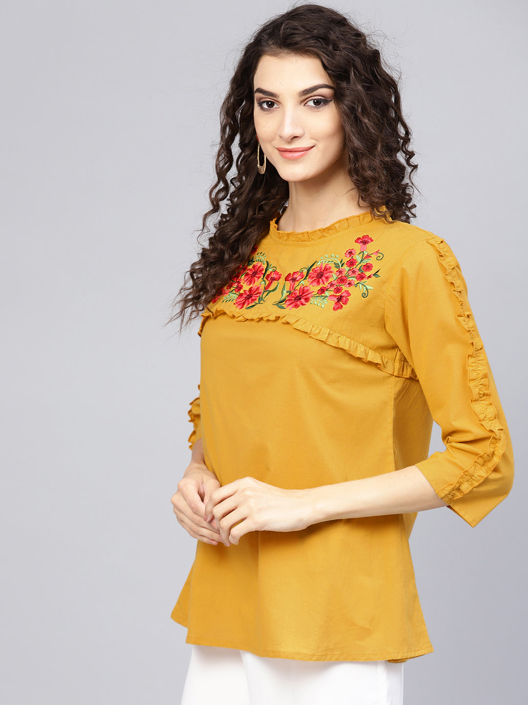 Bhama Couture Mustard Yellow A-Line Pure Cotton Top