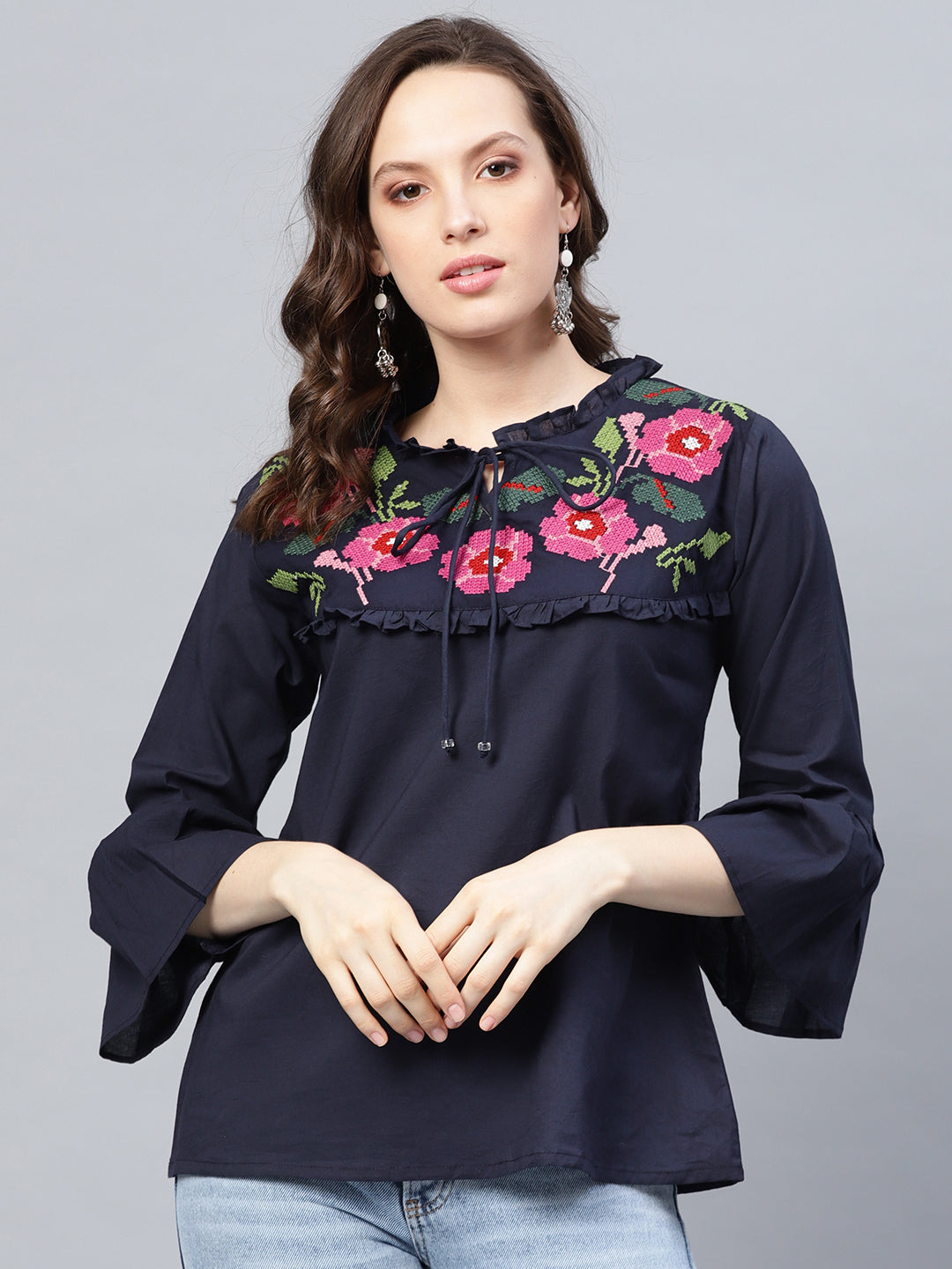 Bhama Couture Women Navy Blue Embroidered A-Line Pure Cotton Top