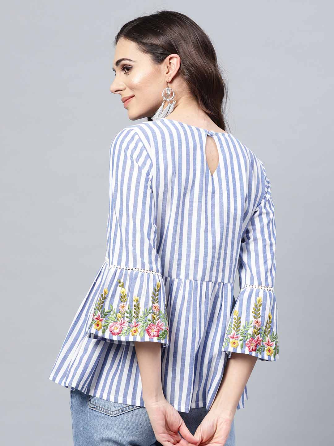 Bhama Couture Blue & White Striped A-Line Pure Cotton Top