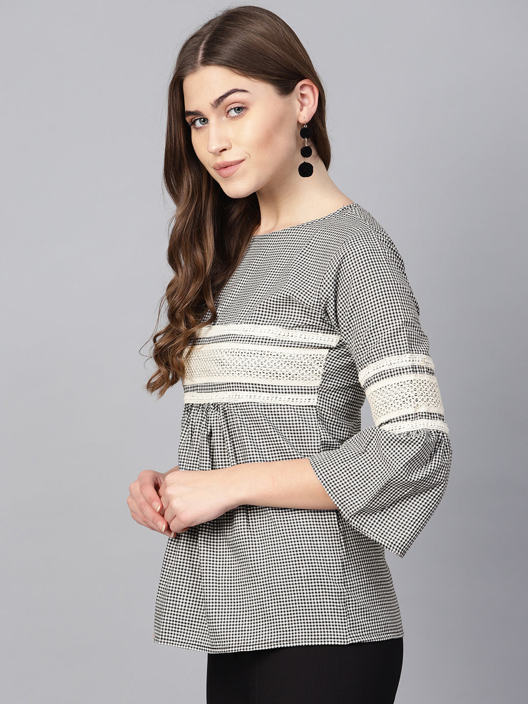 Bhama Couture Women Black & Off-White Checked Empire Pure Cotton Top