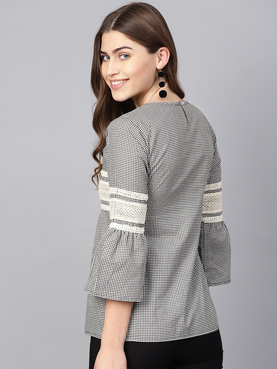 Bhama Couture Women Black & Off-White Checked Empire Pure Cotton Top