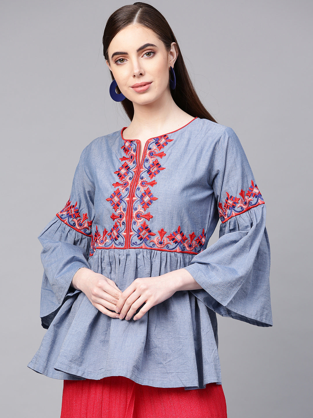 Bhama Couture Blue Embroidered A-Line Top