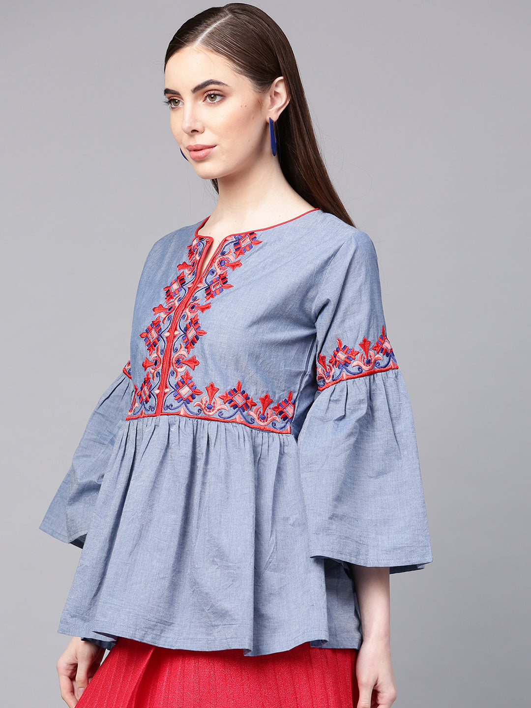 Bhama Couture Blue Embroidered A-Line Top