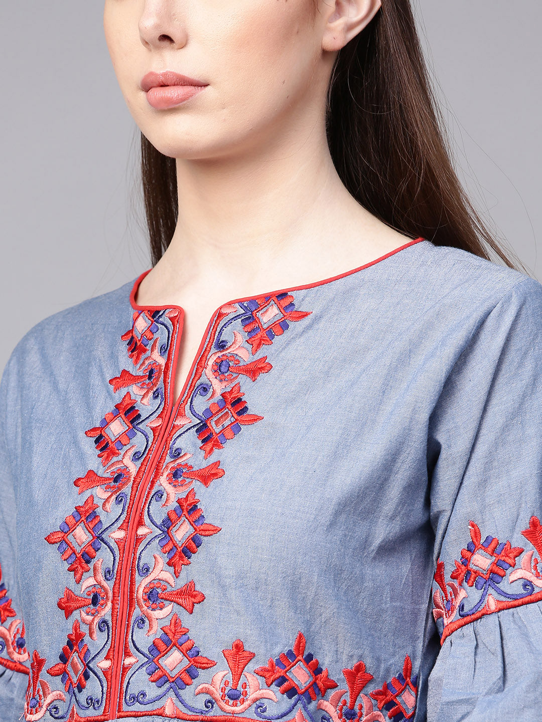 Bhama Couture Blue Embroidered A-Line Top