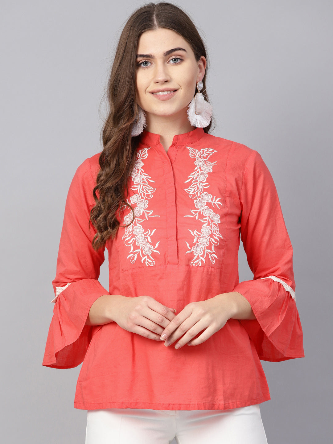 Bhama Couture Women Coral Pink & White Embroidered Detail Pure Cotton Shirt Style Pure Cotton Top