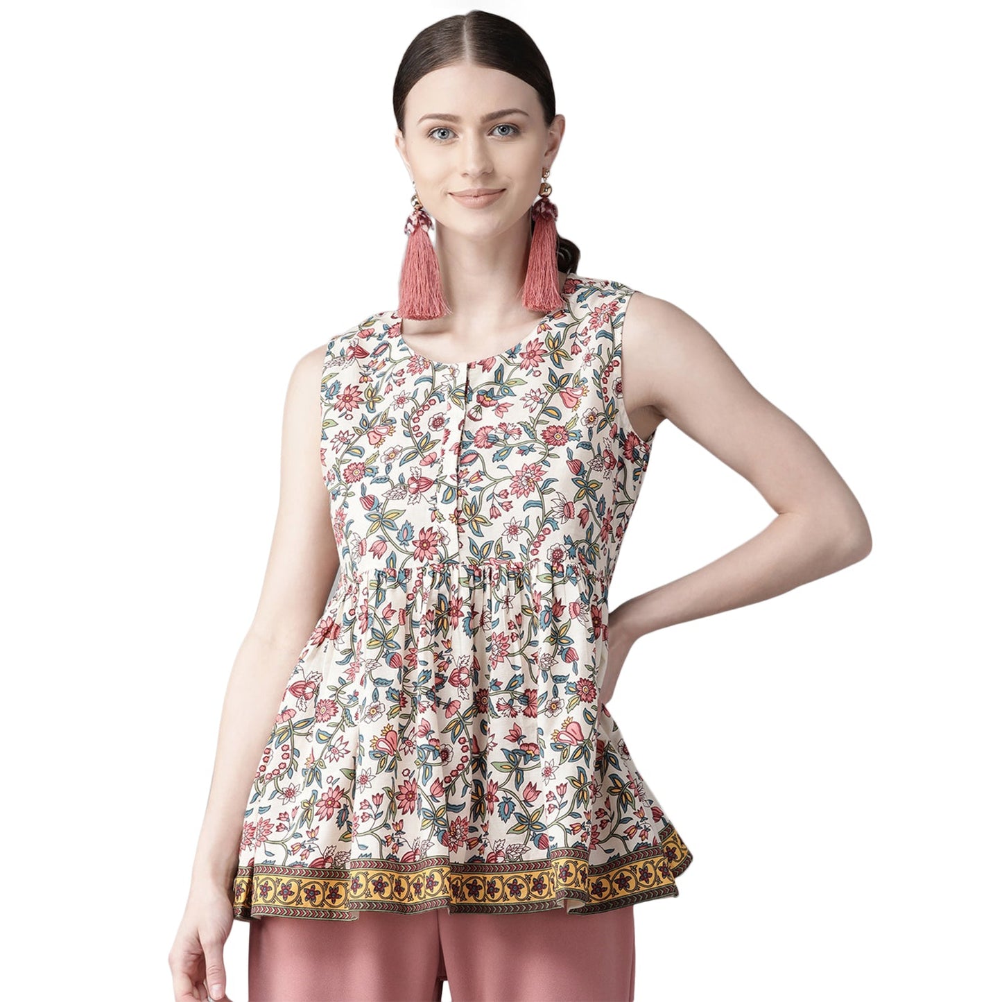 Bhama Couture White & Green Printed A-Line Top