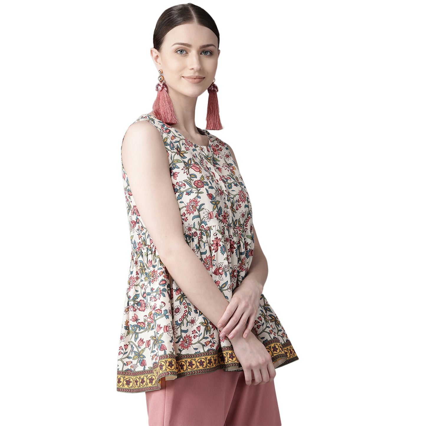 Bhama Couture White & Green Printed A-Line Top
