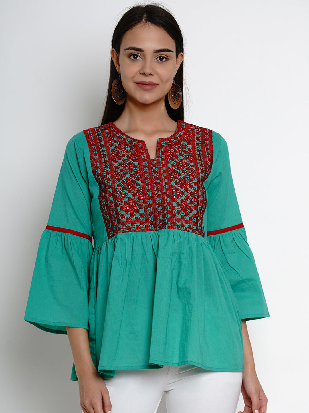 Bhama Couture Women Sea Green & Maroon Embroidered Empire Top