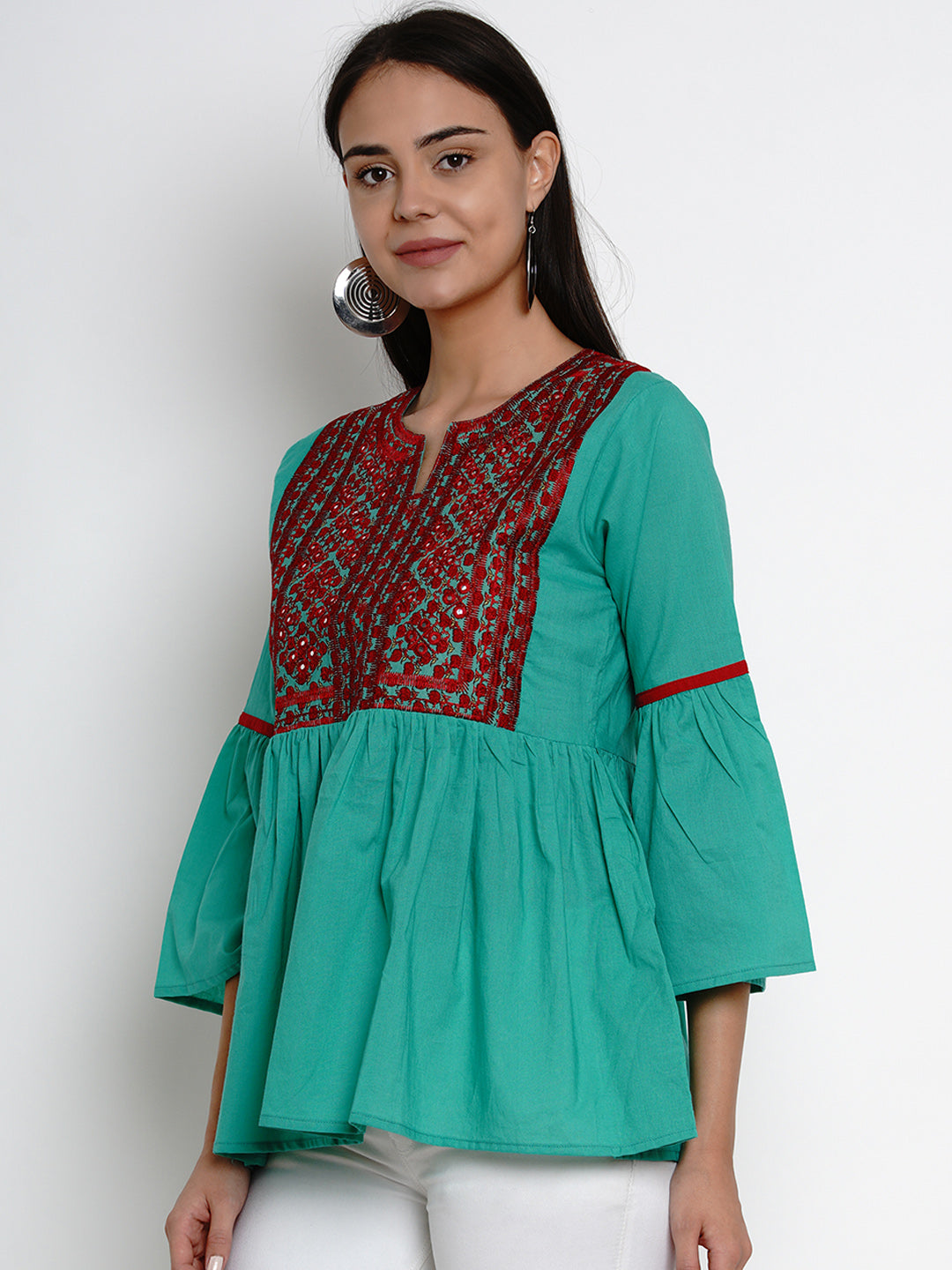 Bhama Couture Women Sea Green & Maroon Embroidered Empire Top