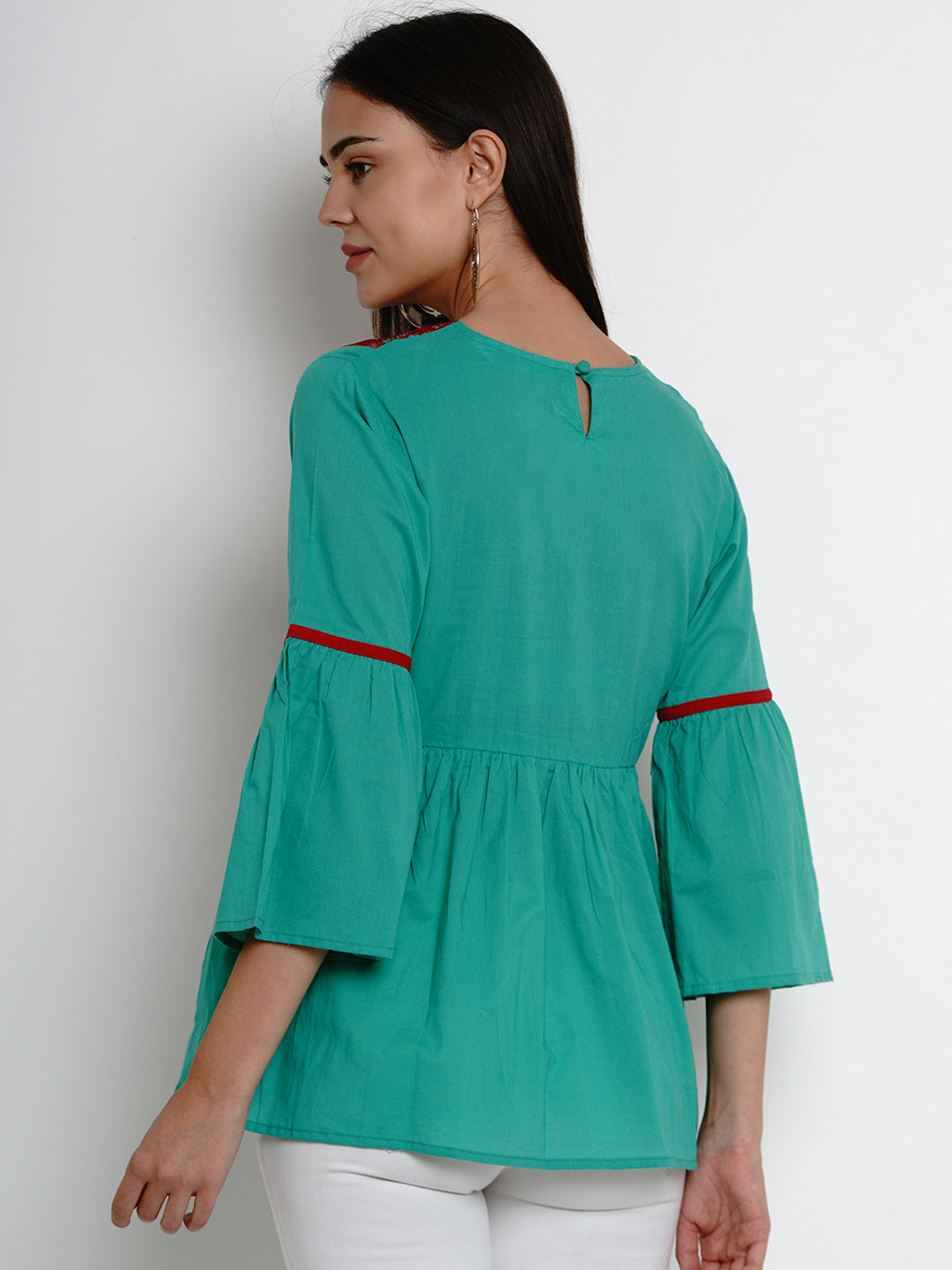 Bhama Couture Women Sea Green & Maroon Embroidered Empire Top