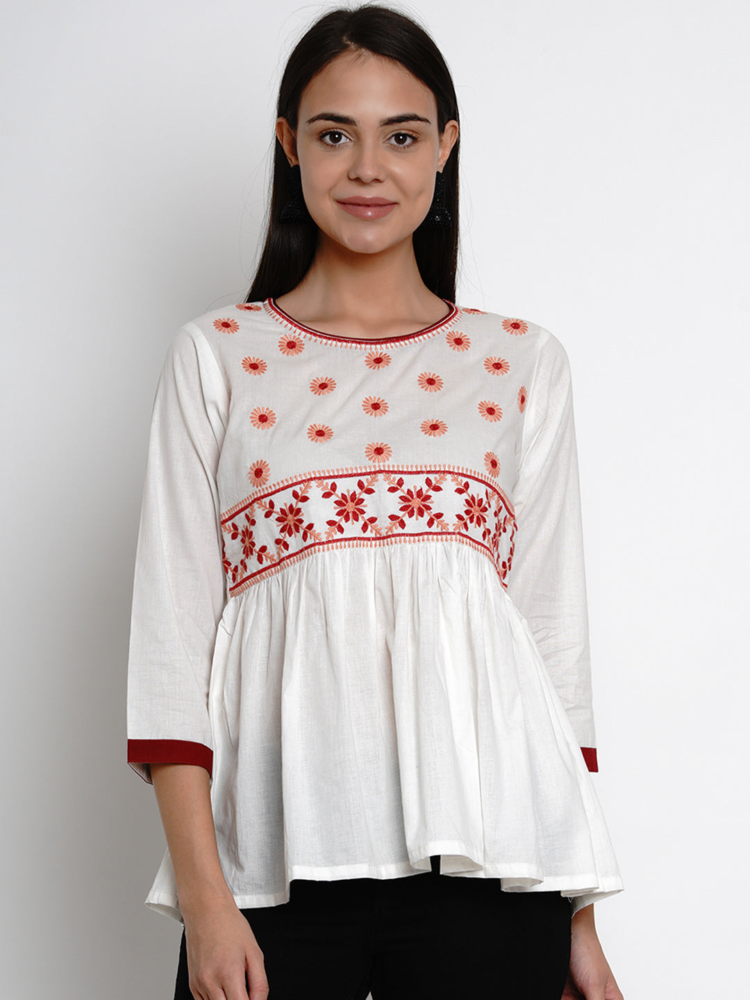 Bhama Couture Off White Embroidered Flared Top