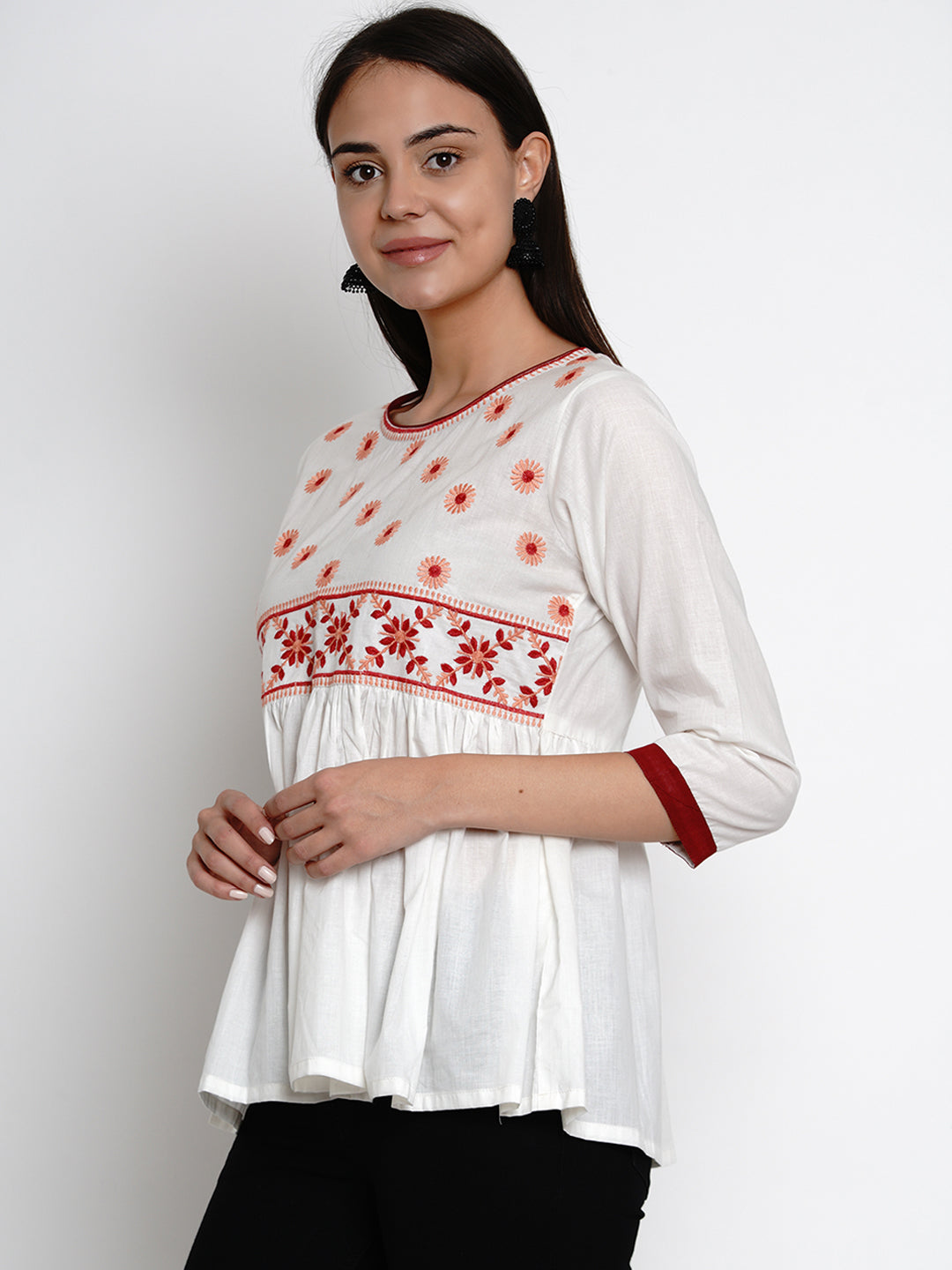 Bhama Couture Off White Embroidered Flared Top