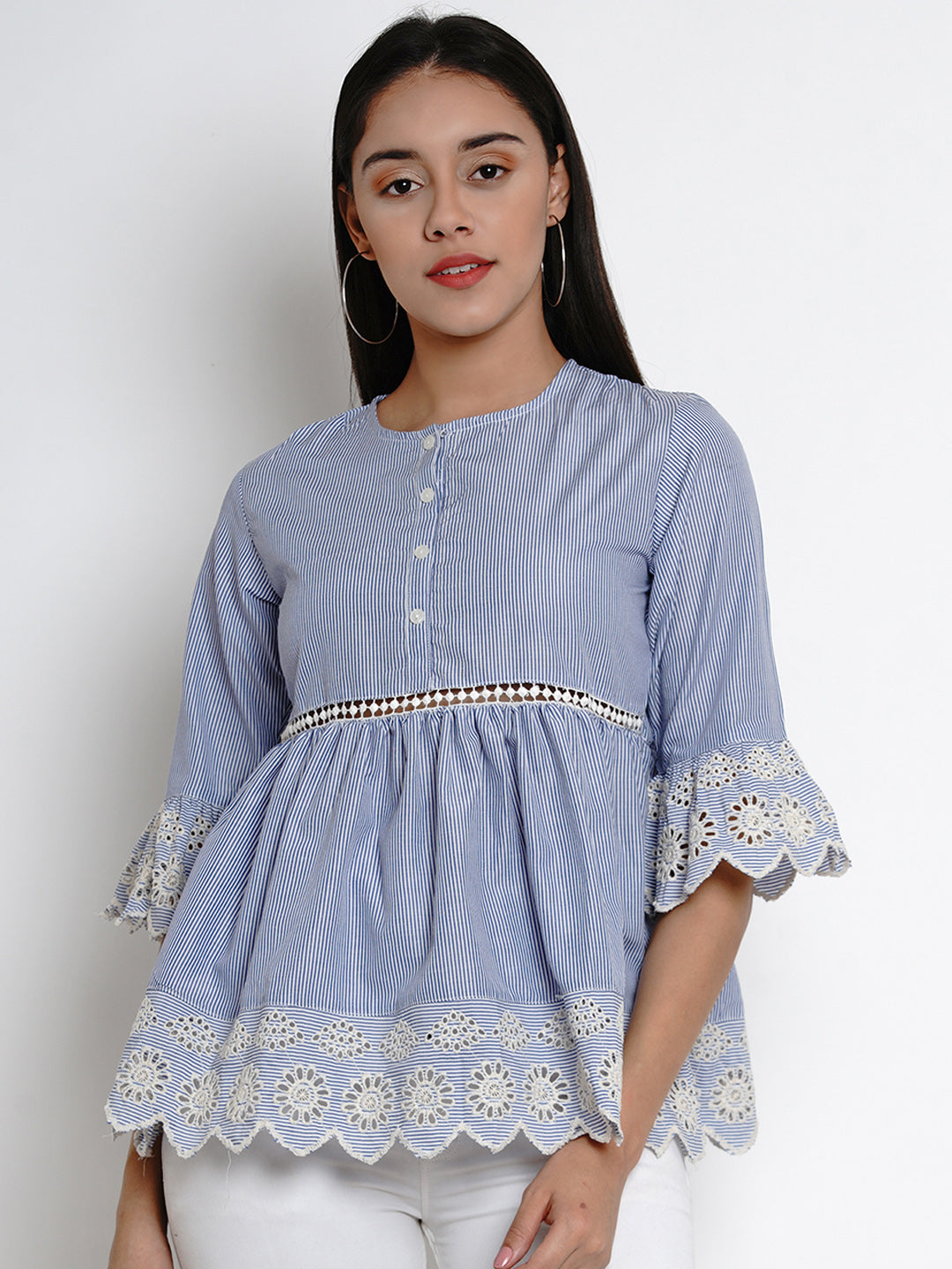 Bhama Couture Blue Striped Embroidered Top
