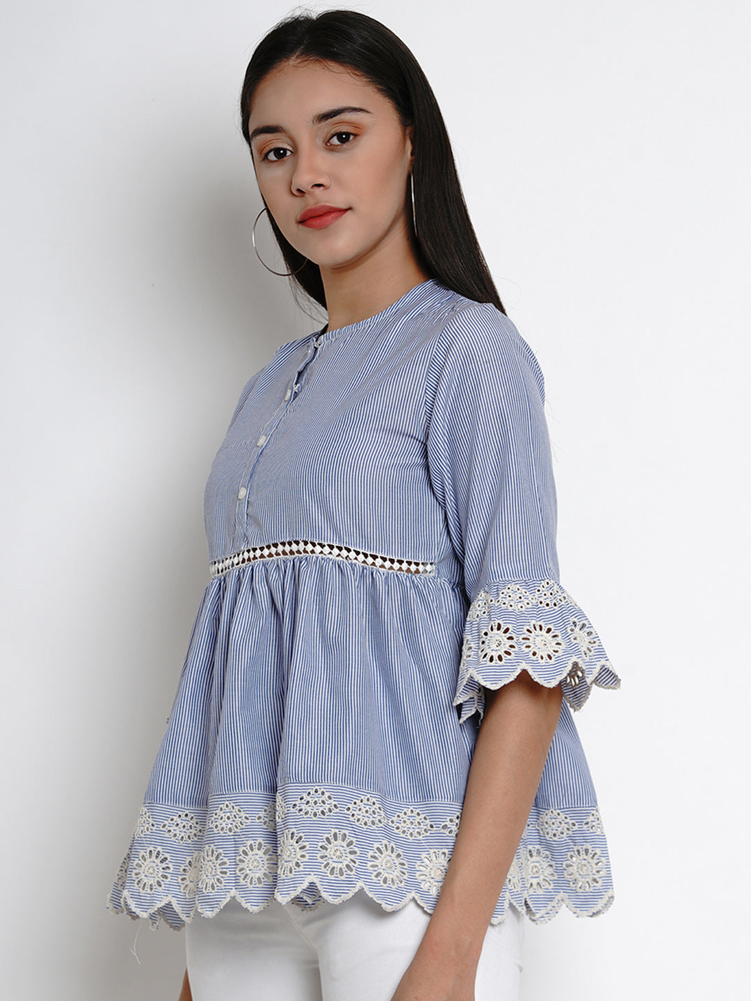 Bhama Couture Blue Striped Embroidered Top