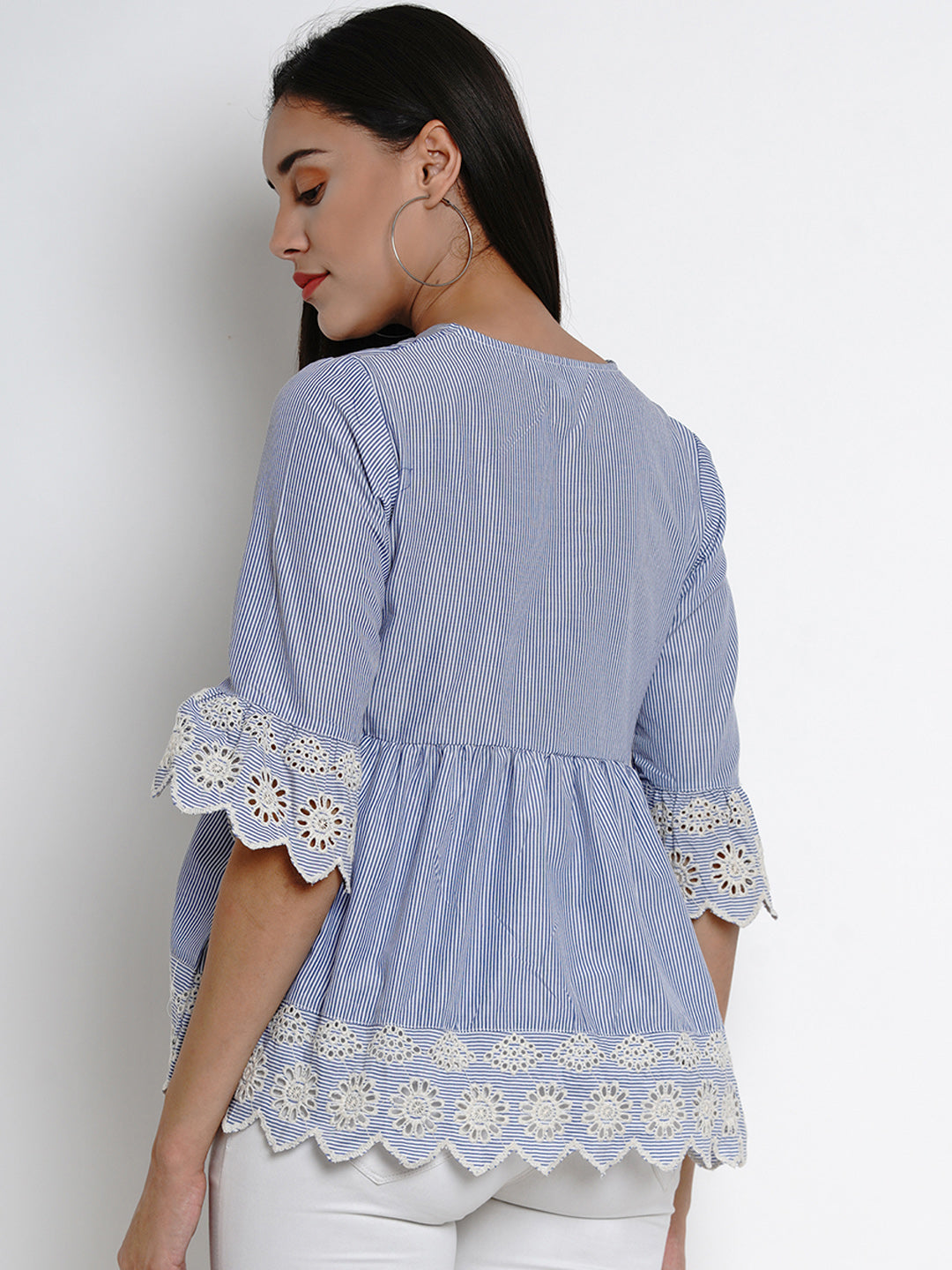 Bhama Couture Blue Striped Embroidered Top