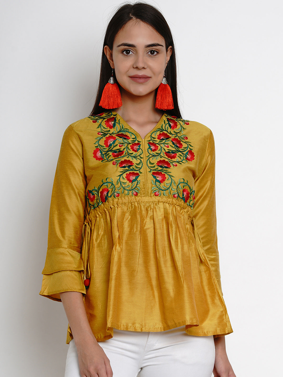 Bhama Couture Women Mustard Yellow Embroidered Top