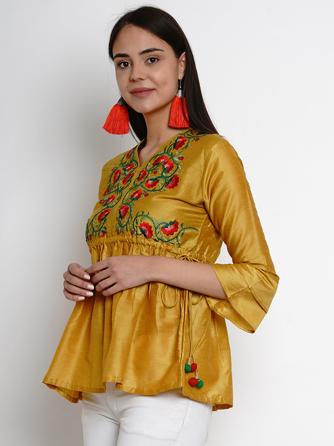 Bhama Couture Women Mustard Yellow Embroidered Top