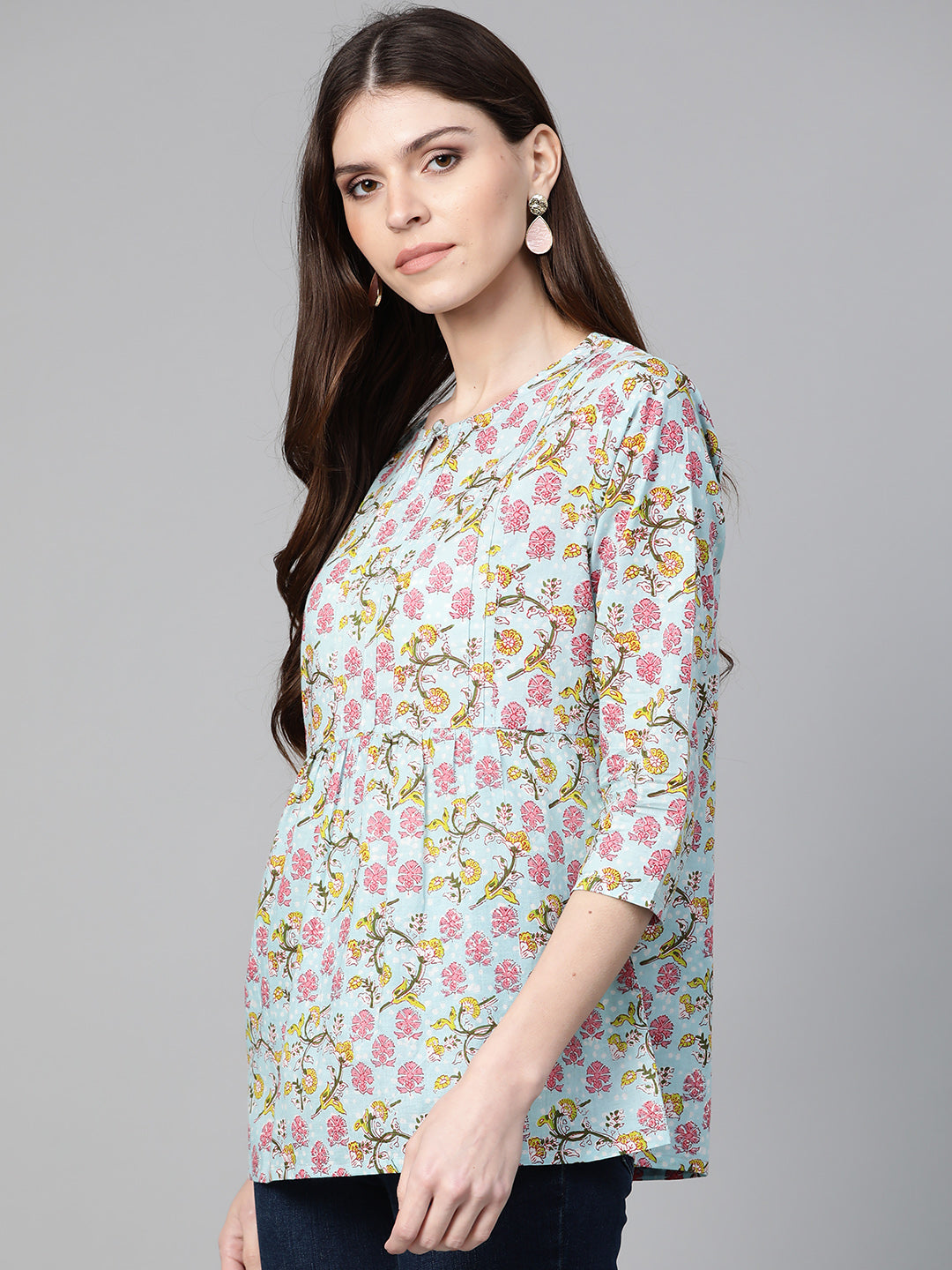 Bhama Couture Women Blue & Pink Floral Print A-Line Pure Cotton Top