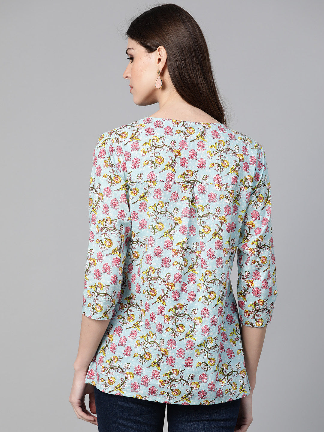 Bhama Couture Women Blue & Pink Floral Print A-Line Pure Cotton Top