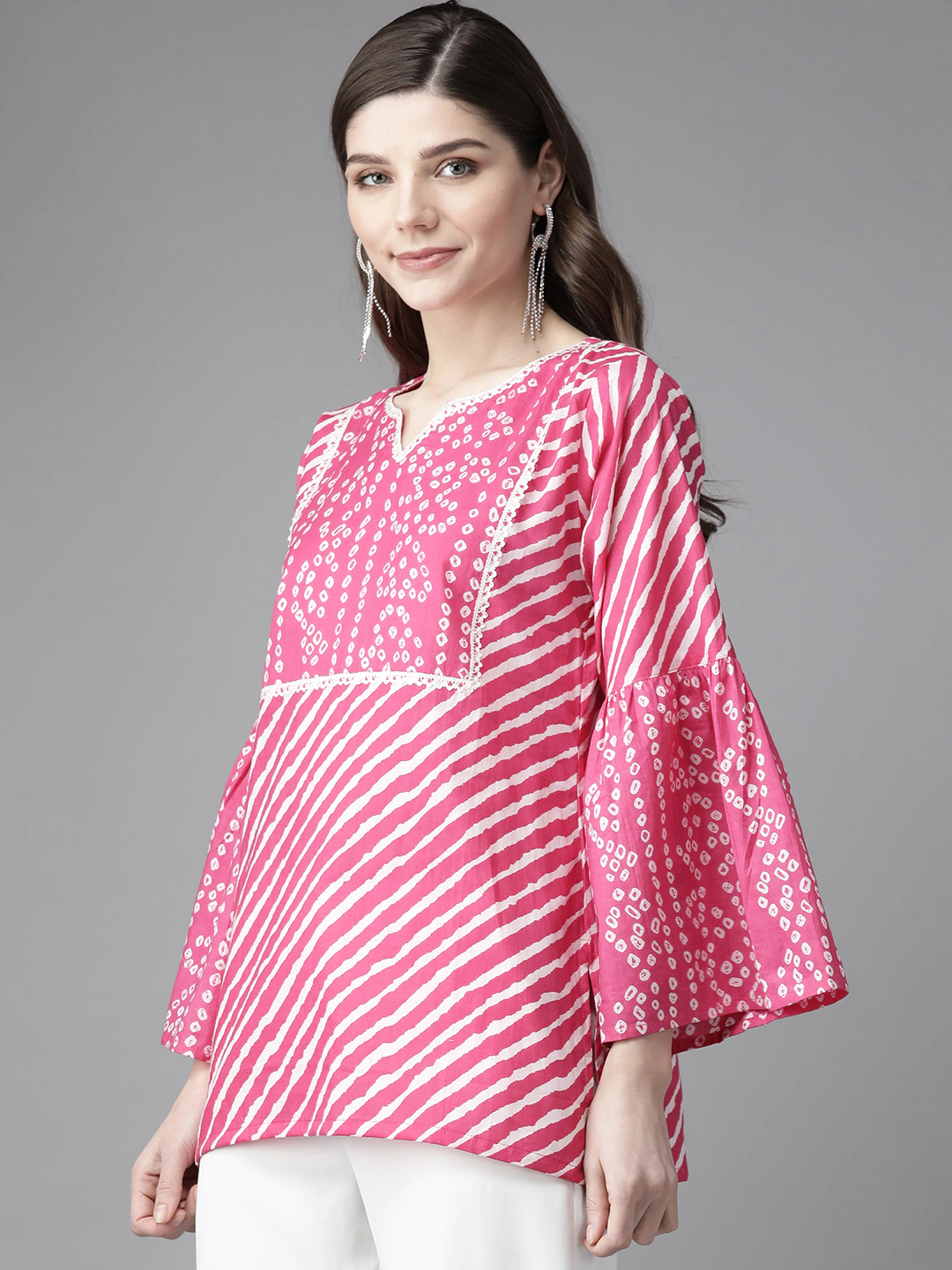 Bhama Couture Pink & White Leheriya Print Bell Sleeves Regular Top