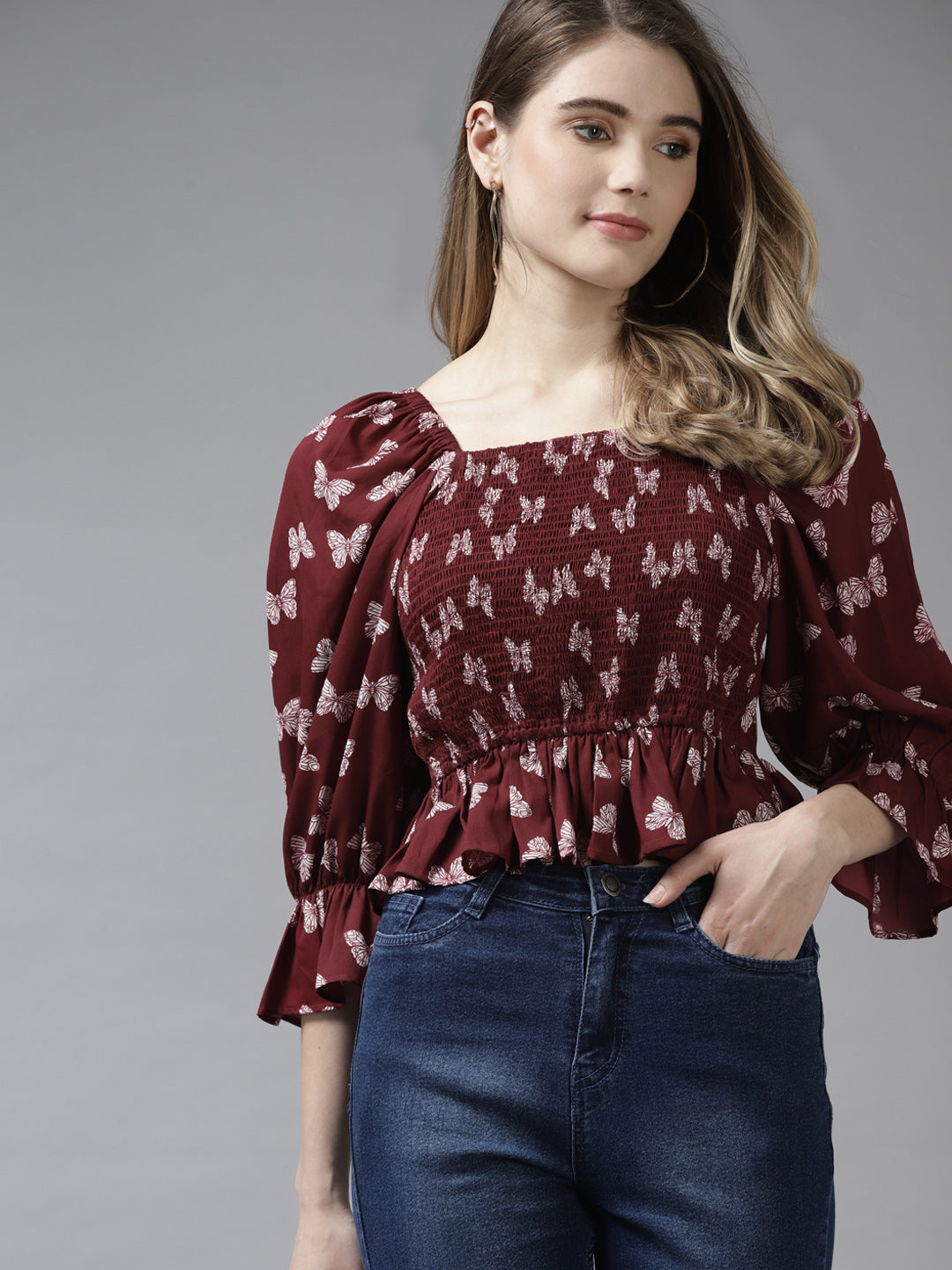 Bhama Couture Maroon & White Floral Print A-Line Top