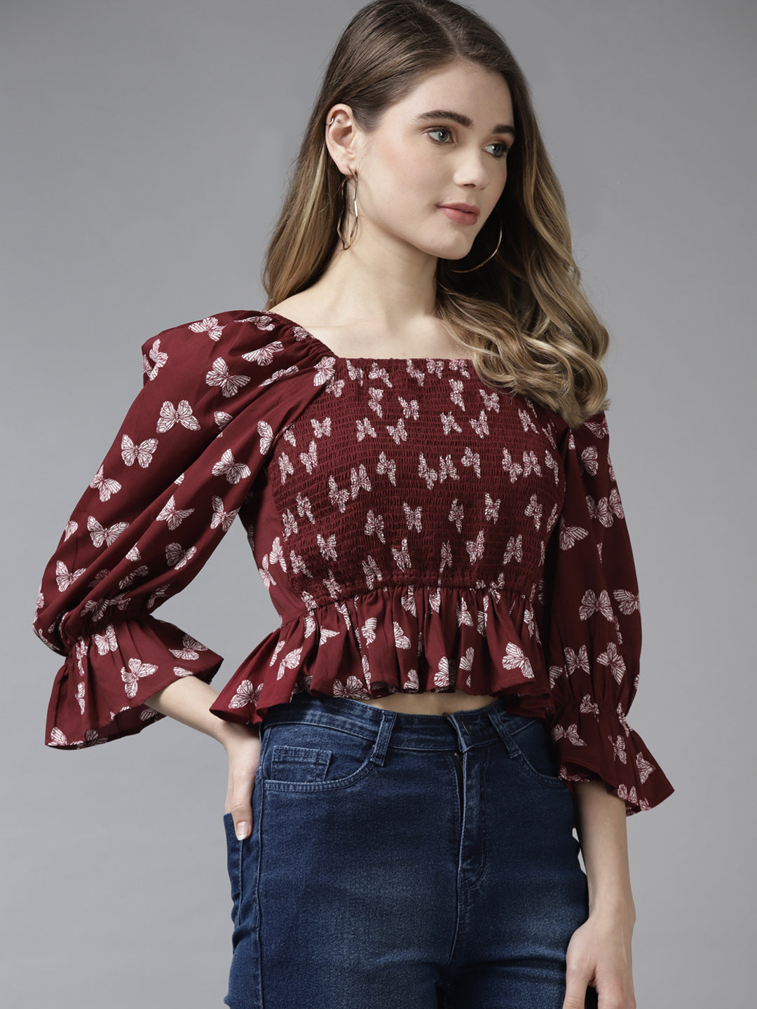 Bhama Couture Maroon & White Floral Print A-Line Top