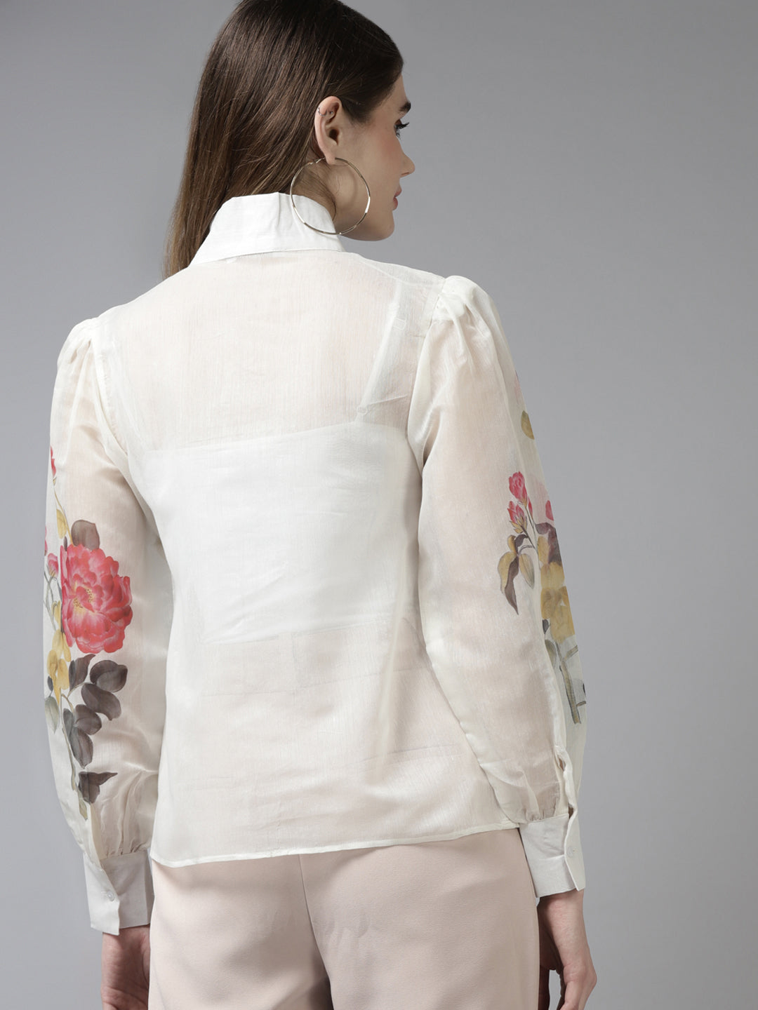 Bhama Couture Off-White & Pink Floral Print Tie-Up Neck Shirt Style Top