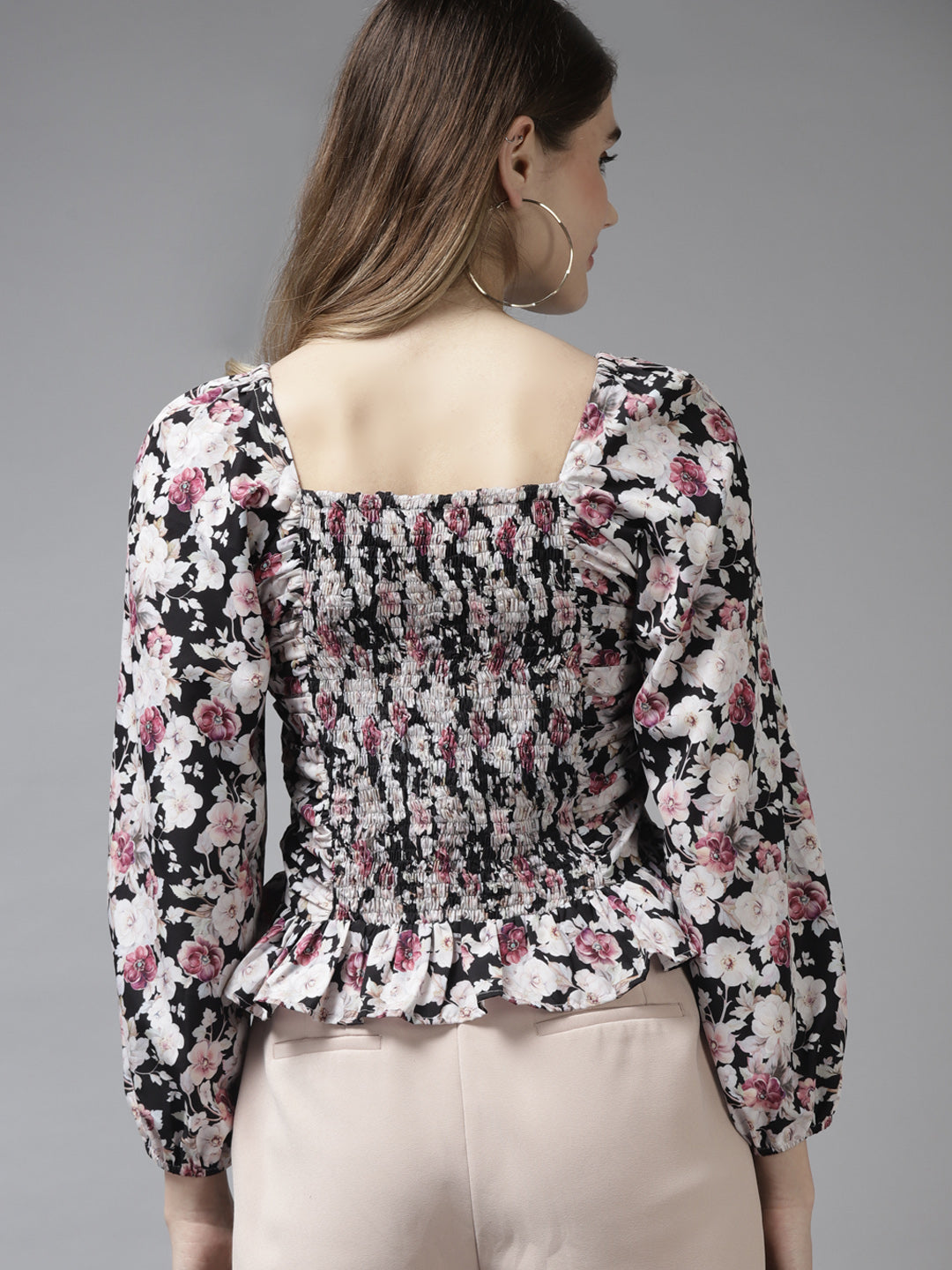 Bhama Couture Black & White Floral Printed Smocked A-Line Top