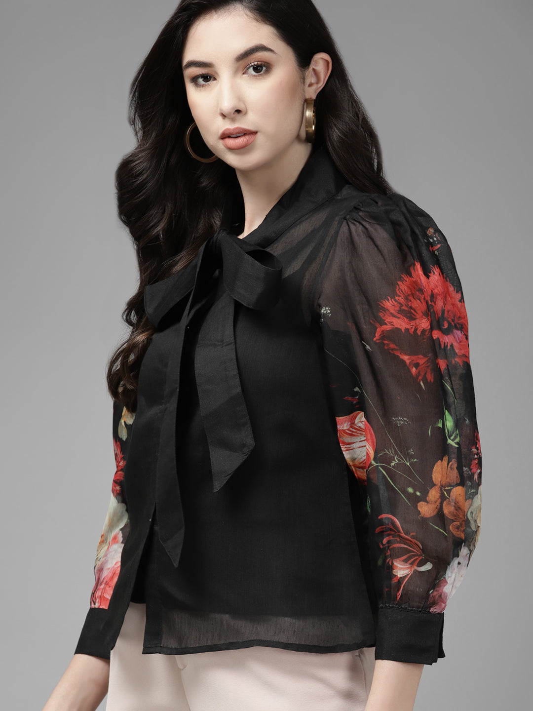 Bhama Couture Black Floral Mandarin Collar Shirt Style Top